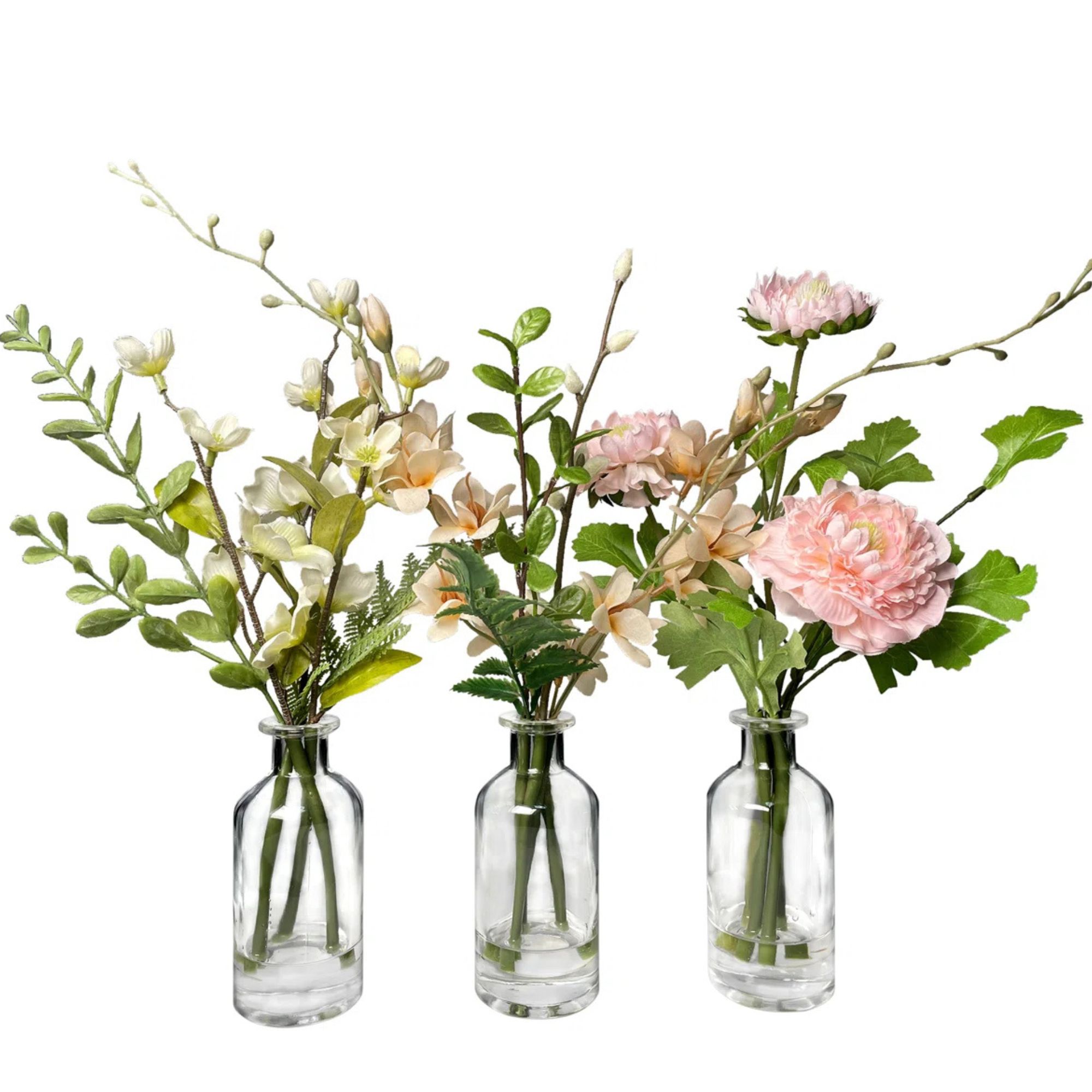 Mixed artificial floral arrangements in glass vases, set of three from Wayfair 