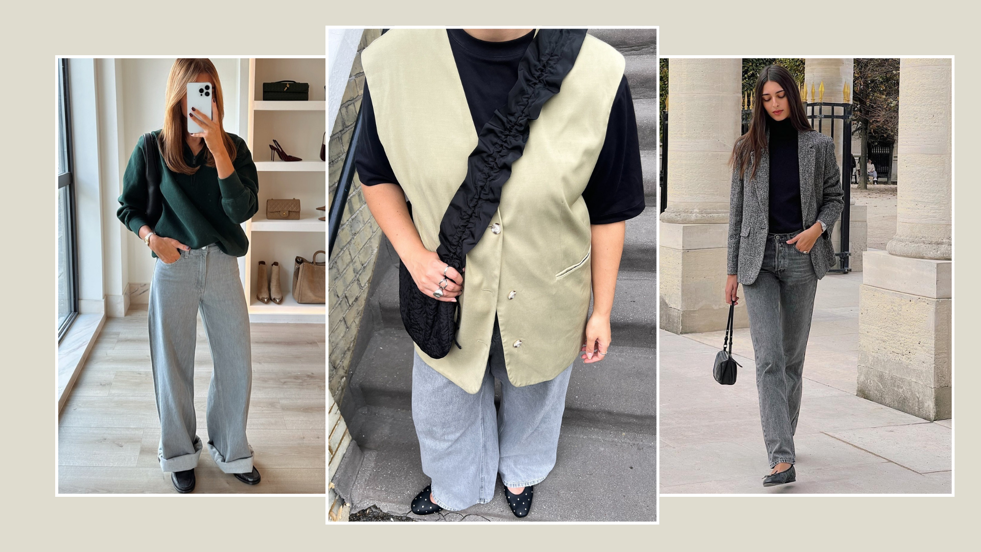 Three fashion people wear the grey jeans ballet flat trend