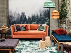 A living room with an orange sofa, and orange & green lamp