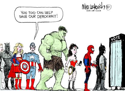 Political cartoon U.S. midterm elections voting super heroes save our democracy