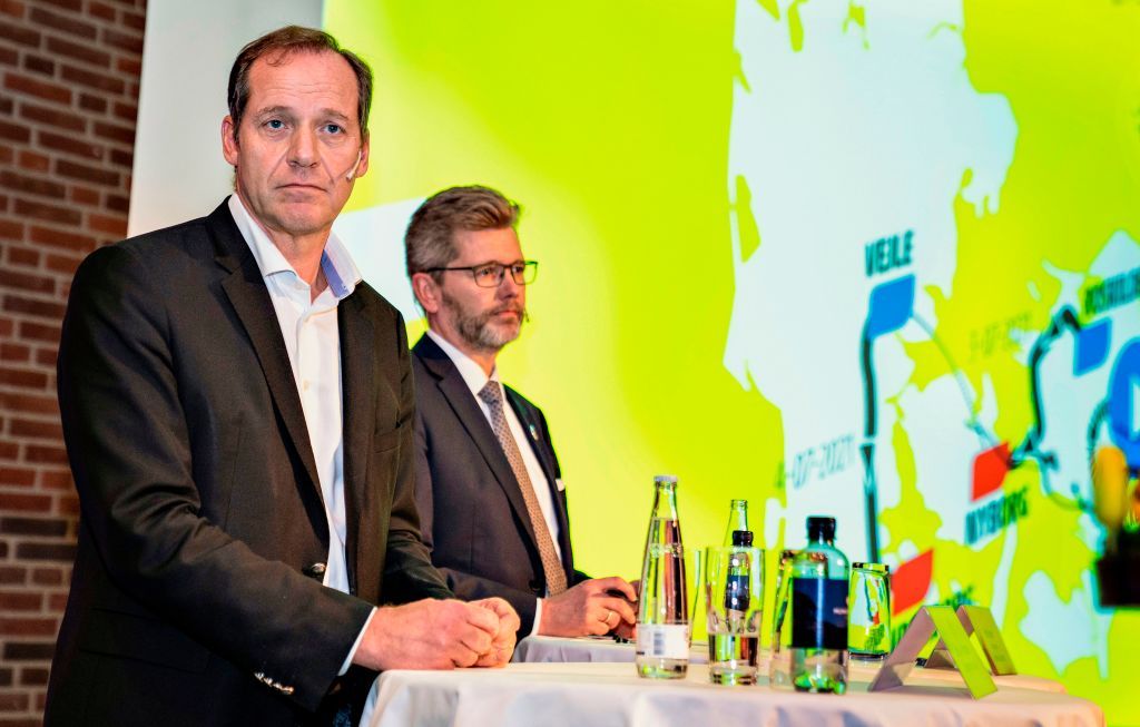 Tour de France Director Christian Prudhomme L and the mayor of Copenhagen and chairman of the Grand Depart Copenhagen Denmark Frank Jensen present the Grand Depart with the first three stages of the Tour de France 2021 cycling race being held in Denmark on February 4 2020 in the city of Vejle Denmark Photo by Henning Bagger Ritzau Scanpix AFP Denmark OUT Photo by HENNING BAGGERRitzau ScanpixAFP via Getty Images