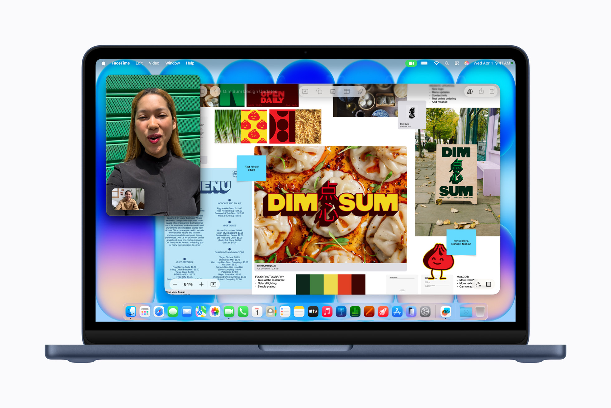 A dark blue laptop shows a macOS desktop with a FaceTime call active alongside an open design document featuring dim sum photography.