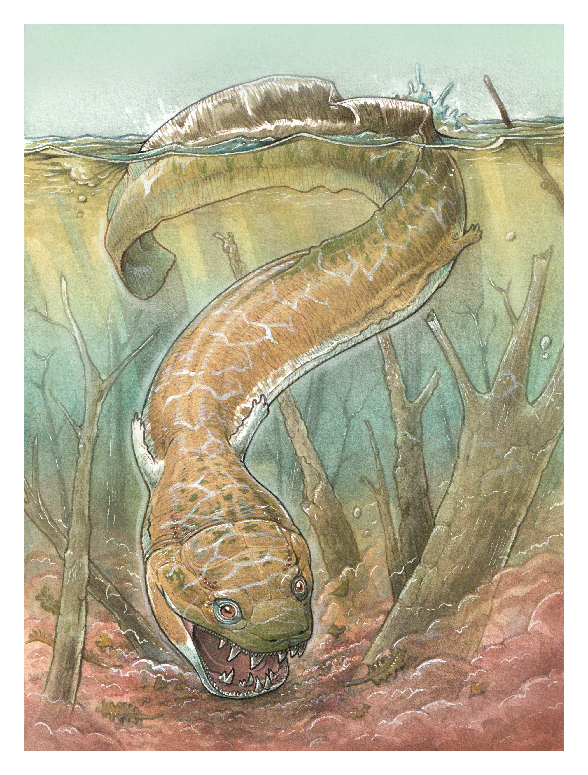 Representação artística de um animal subaquático parecido com uma enguia