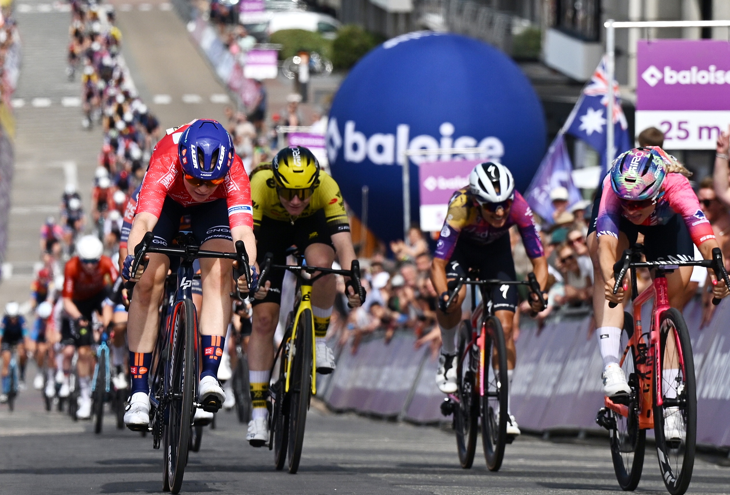 KNOKKE-HEIST, BELGIUM - JULY 17: (L-R) Charlotte Kool of Netherlands and Team Picnic PostNL - Red points Jersey, Nienke Veenhoven of Netherlands and Team Visma | Lease a Bike, Barbara Guarischi of Italy and Team SD Worx - Protime and Chiara Consonni of Italy and Team CANYON//SRAM zondacrypto sprint at finish line to win during the 11th Baloise Ladies Tour 2025, Stage 1 a 127.2km stage from Jabbeke to Knokke-Heist on July 17, 2025 in Knokke-Heist, Belgium. (Photo by Luc Claessen/Getty Images)