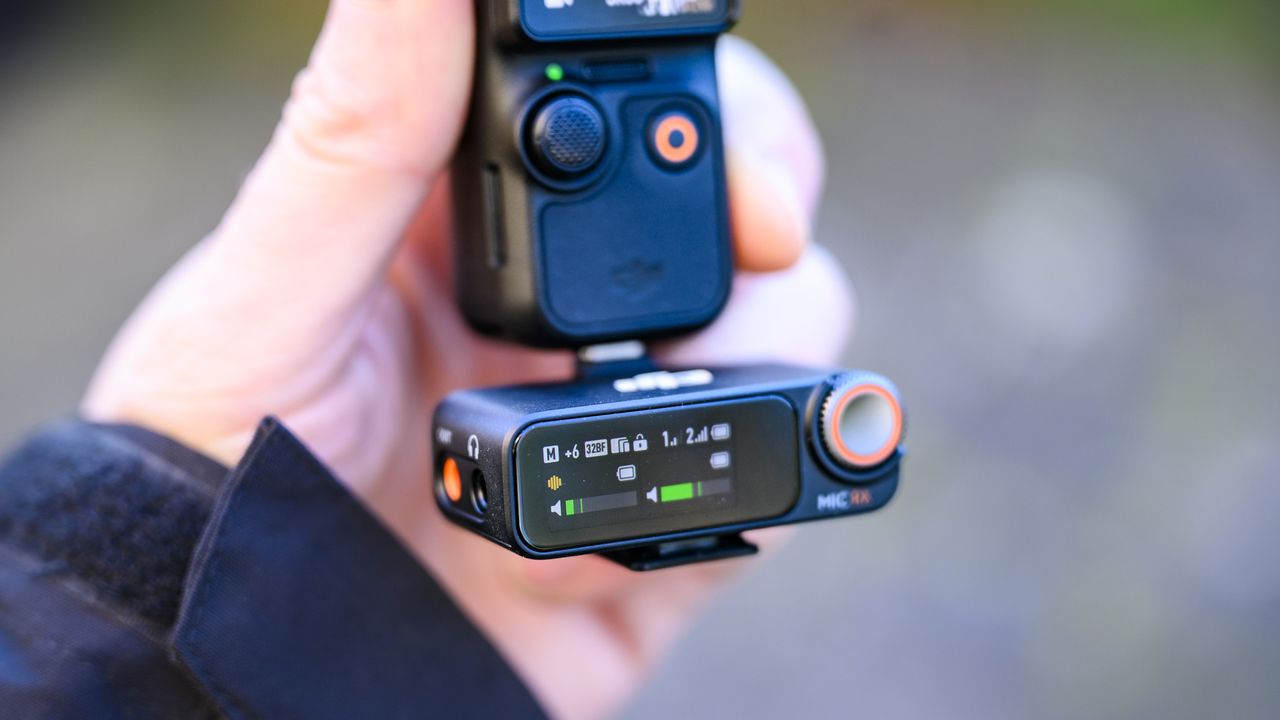 DJI Mic 2 receiver atttached to the DJI Osmo Pocket 3