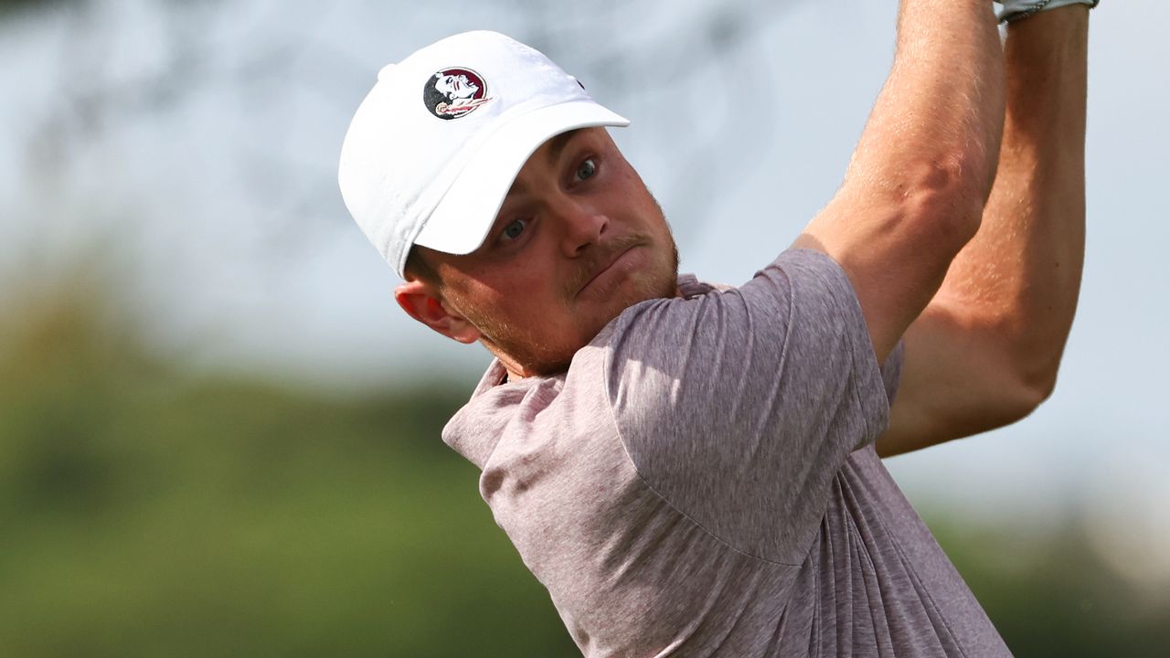 Luke Clanton at the Luke Clanton of the Florida State Seminoles tees off during the Division I Men&#039;s Golf Championship