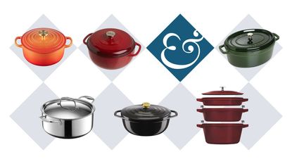 A selection of Dutch Ovens on a white background with light blue and dark blue diamonds