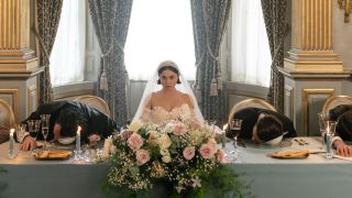 Rosa Salazar sits among a row of dead wedding guests in Wedding Season.