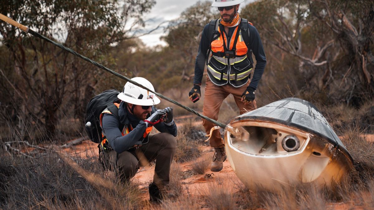 A photo of the W-2 space capsule where it landed in Australia. 