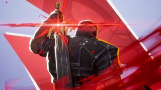 Marvel Rivals Season 3.5: Blade facing away, looking over his right shoulder as he grabs his glowing red sword from his back with his left hand.