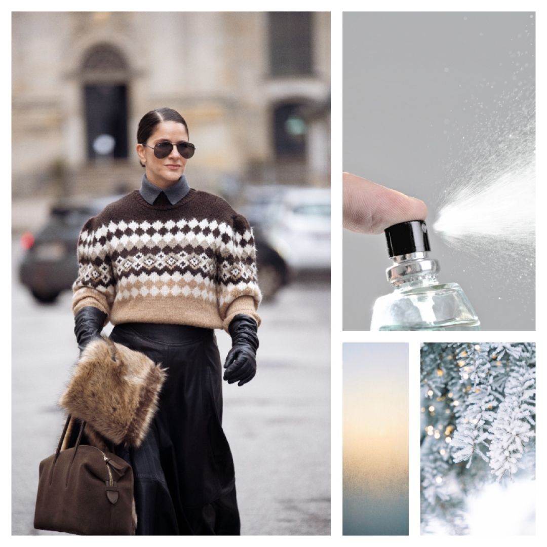 A collage of a woman, a perfume spritz, and flocked pine tree and an ambient cold morning