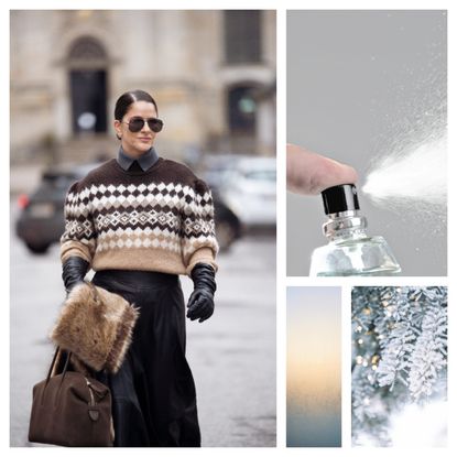 A collage of a woman, a perfume spritz, and flocked pine tree and an ambient cold morning