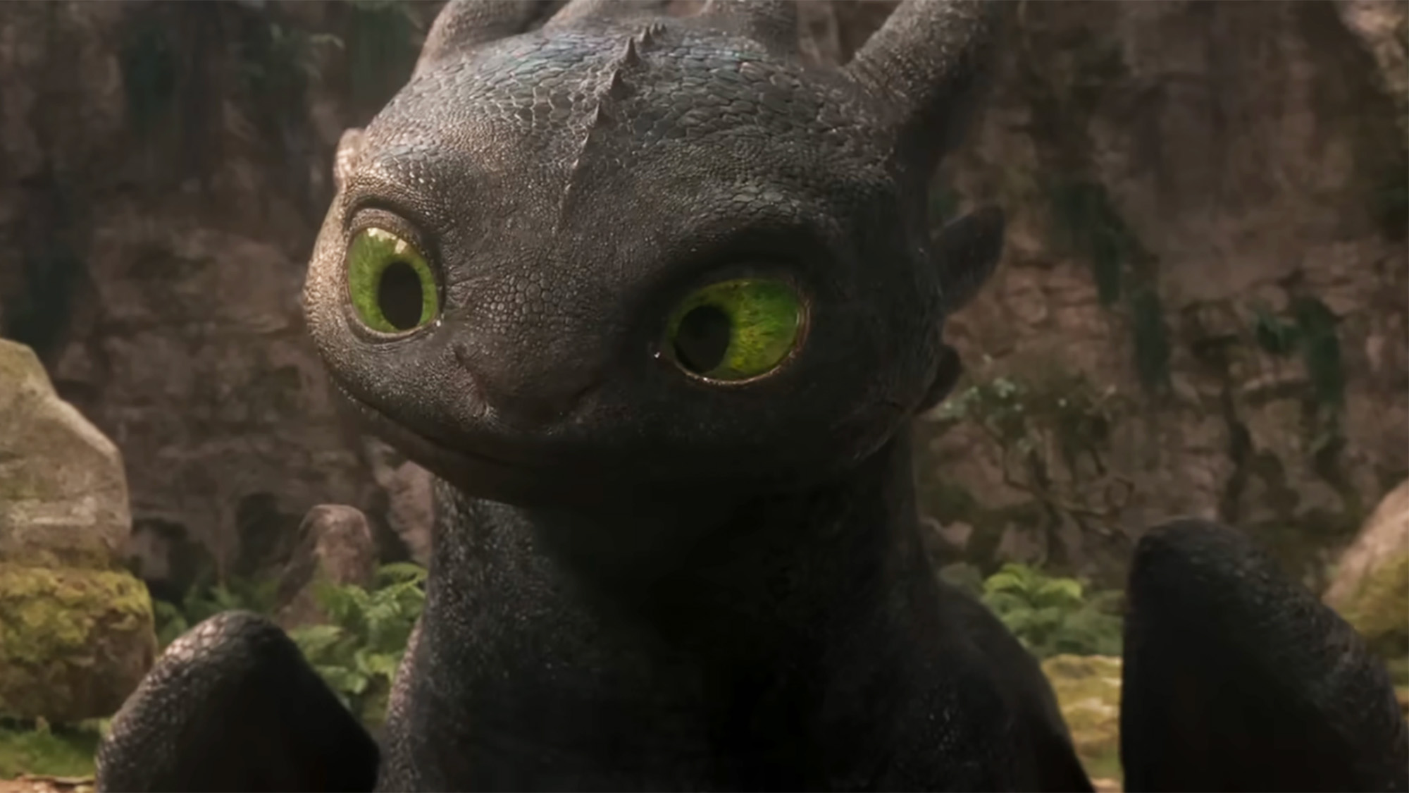 A shot of toothless looking curious by a rock wall in How To Train Your Dragon.