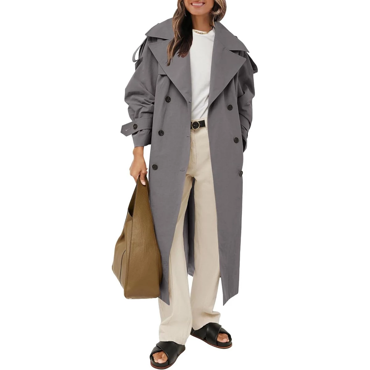 Imily Bela Classic Womens Trench Coat Oversized Double Breasted Style Dark Gray M