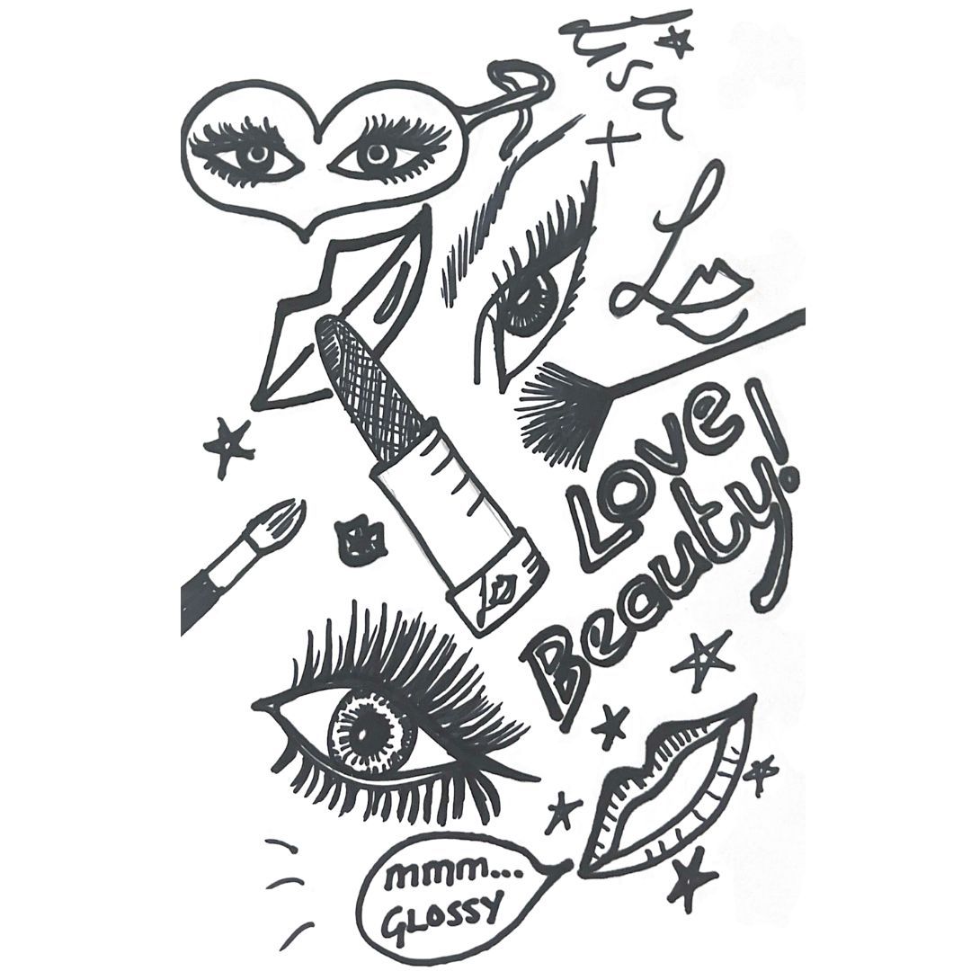 Beauty Backed Trust Industry Icons Lisa Eldridge drawings of lipstick, eyes and the words 'love beauty'