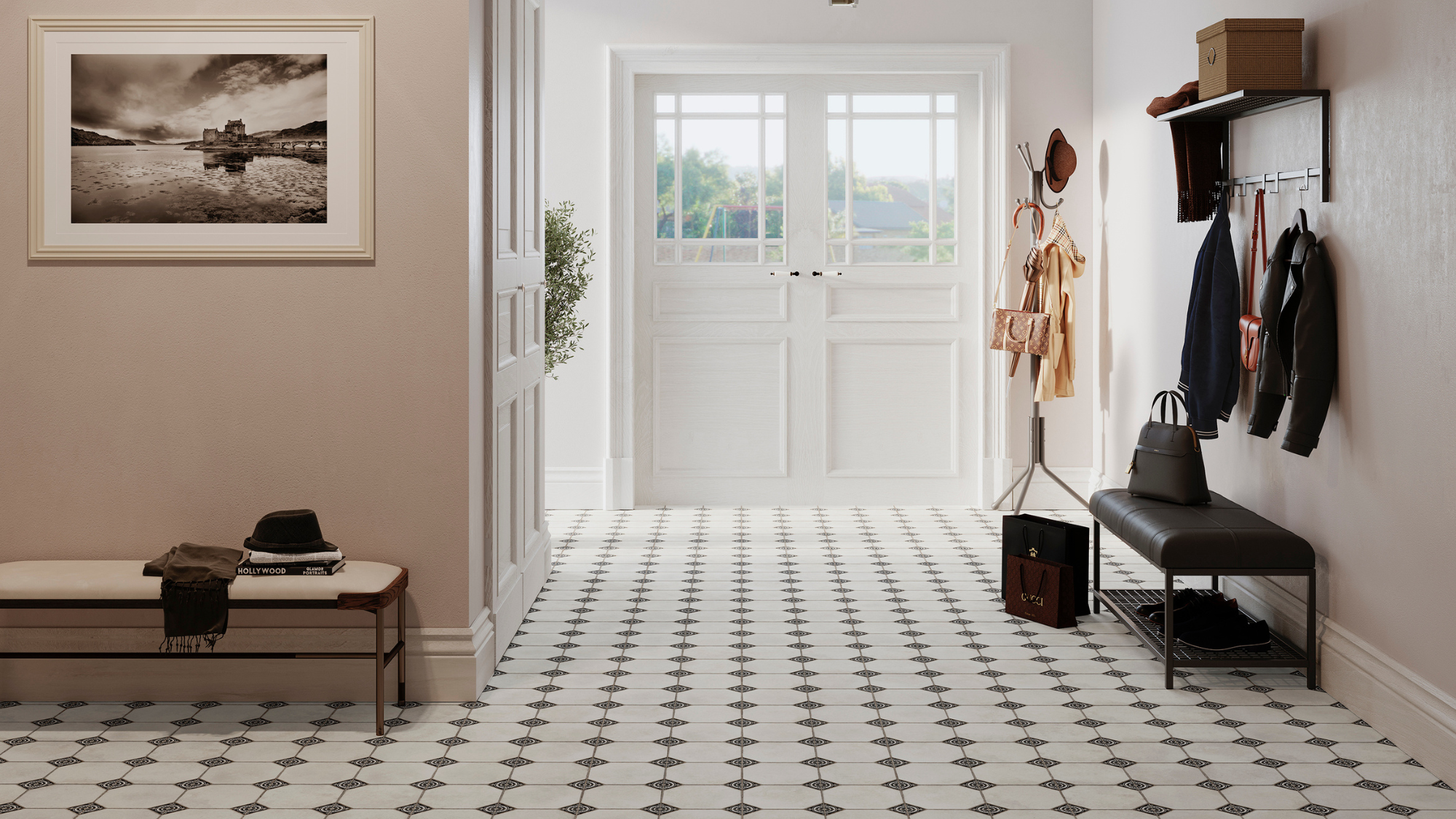 hallway with patterned black and white star flooring