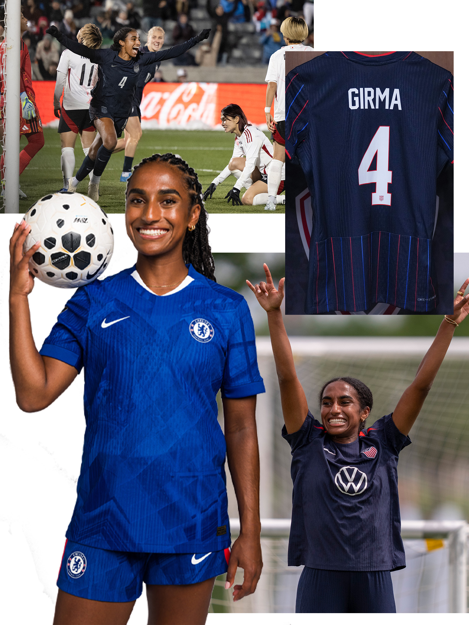A collage of photos of professional soccer player Naomi Girma.