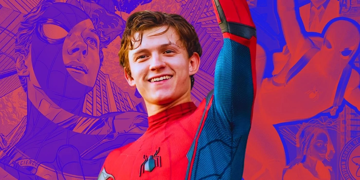 Tom Holland as Spider-Man against a comic-book backdrop