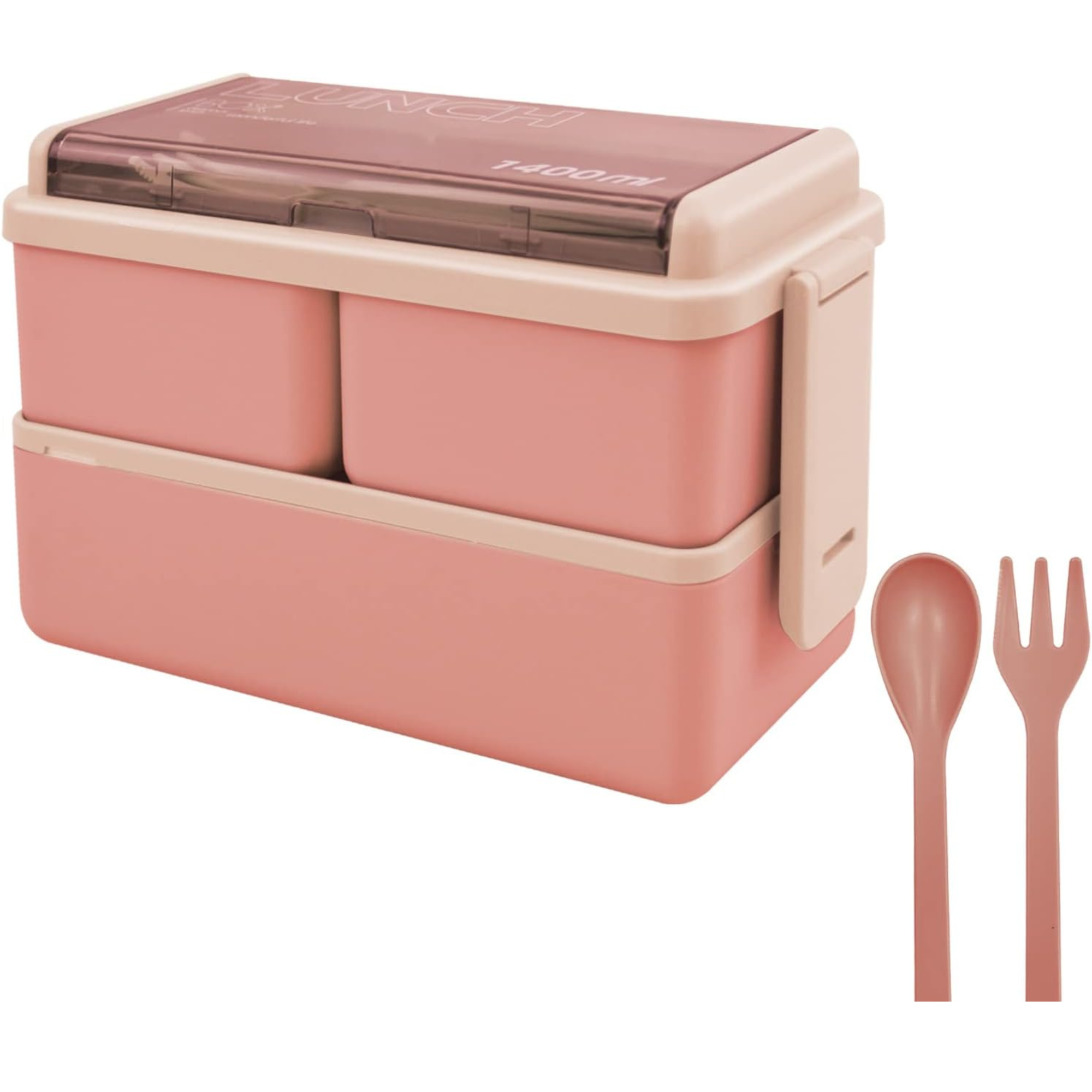 Pink bento bento box with three compartments, and matching spoon and fork