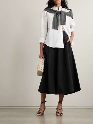 Gathered Cotton-Blend Poplin Midi Skirt