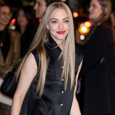 Amanda Seyfried wears pink lipstick and straight hair