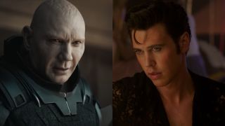 Dave Bautista as Rabban in Dune and Austin Butler in Elvis, pictured side-by-side.