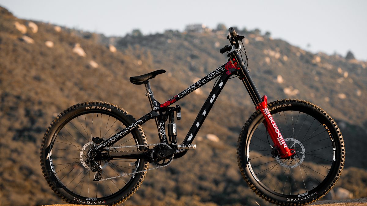 A hand-painted downhill bike on a Utah hillside