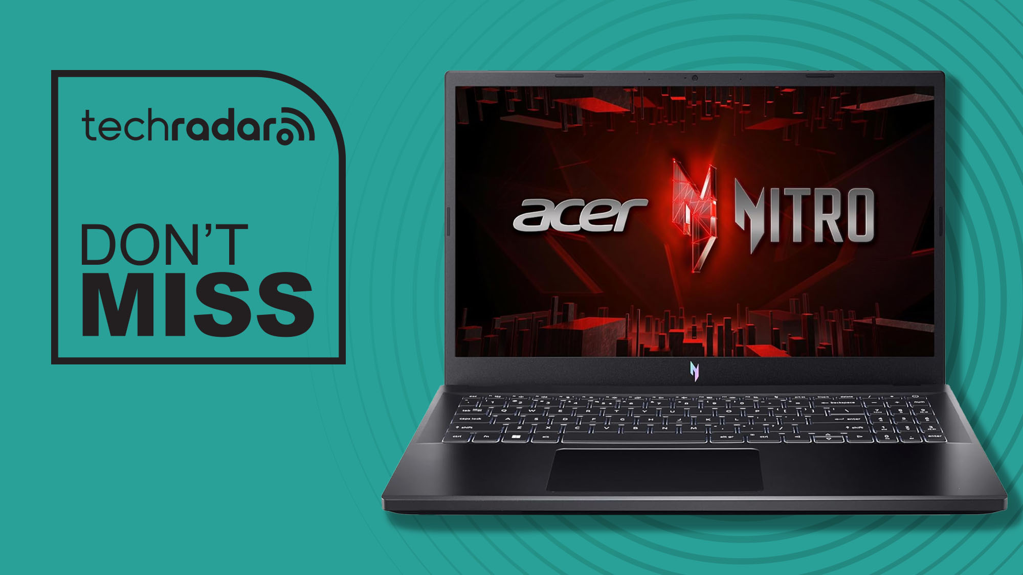 An Acer Nitro V gaming laptop against a Cyan TechRadar background
