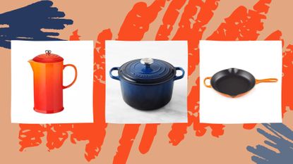 Three products from last year's Le Creuset Black Friday sale against a colourful blue and red backfround