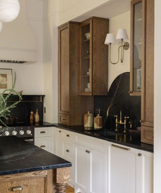 White and wooden rustic kitchen with vintage lighting