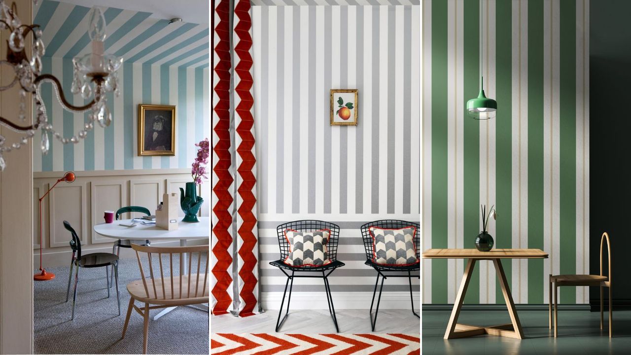 Three image of interiors with colorful striped walls