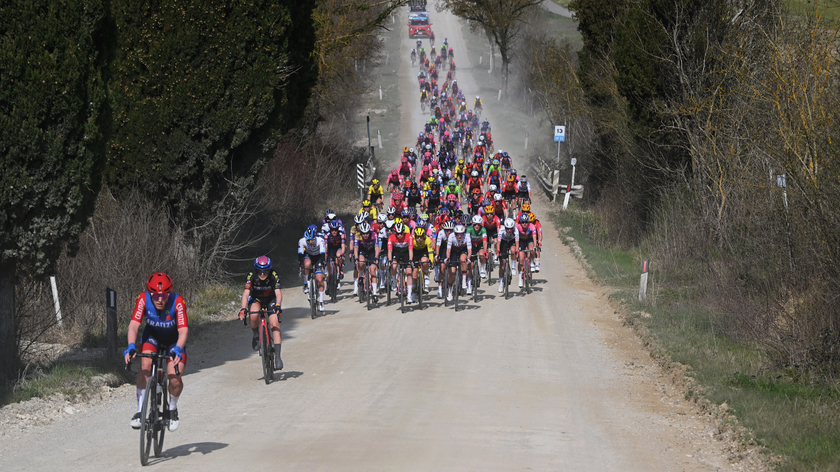 SIENA, ITALY - MARCH 08: (L-R) Franziska Braube of Germany and Team CERATIZIT Pro Cycling Team and Virginia Bortoli of Italy and Team Top Girls Fassa Bortolo are chased by the peloton during the 11st Strade Bianche 2025, Women&#039;s Elite a 136km one day race from Siena to Siena 320m / #UCIWWT / on March 08, 2025 in Siena, Italy. (Photo by Dario Belingheri/Getty Images)