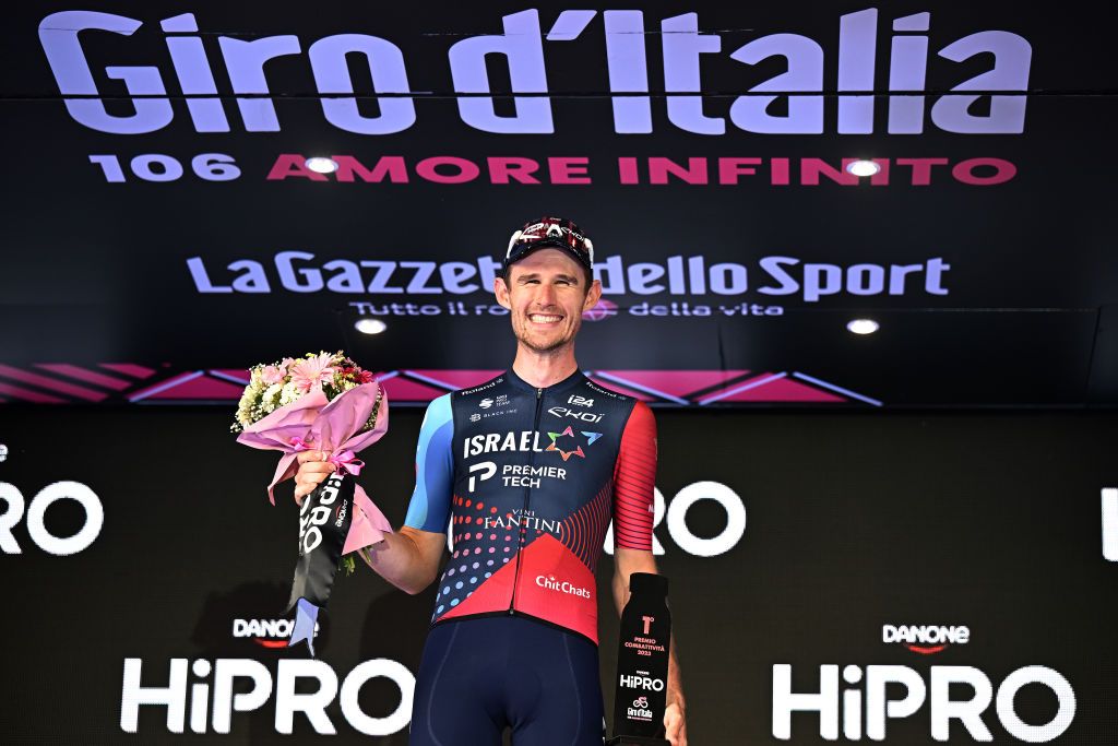 Derek Gee of Canada and Team Israel-Premier Tech celebrates at podium as Most Combative Prize winner during the 106th Giro d&#039;Italia 2023