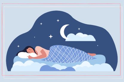 an illustration showing a woman asleep in bed dreaming with the moon above her