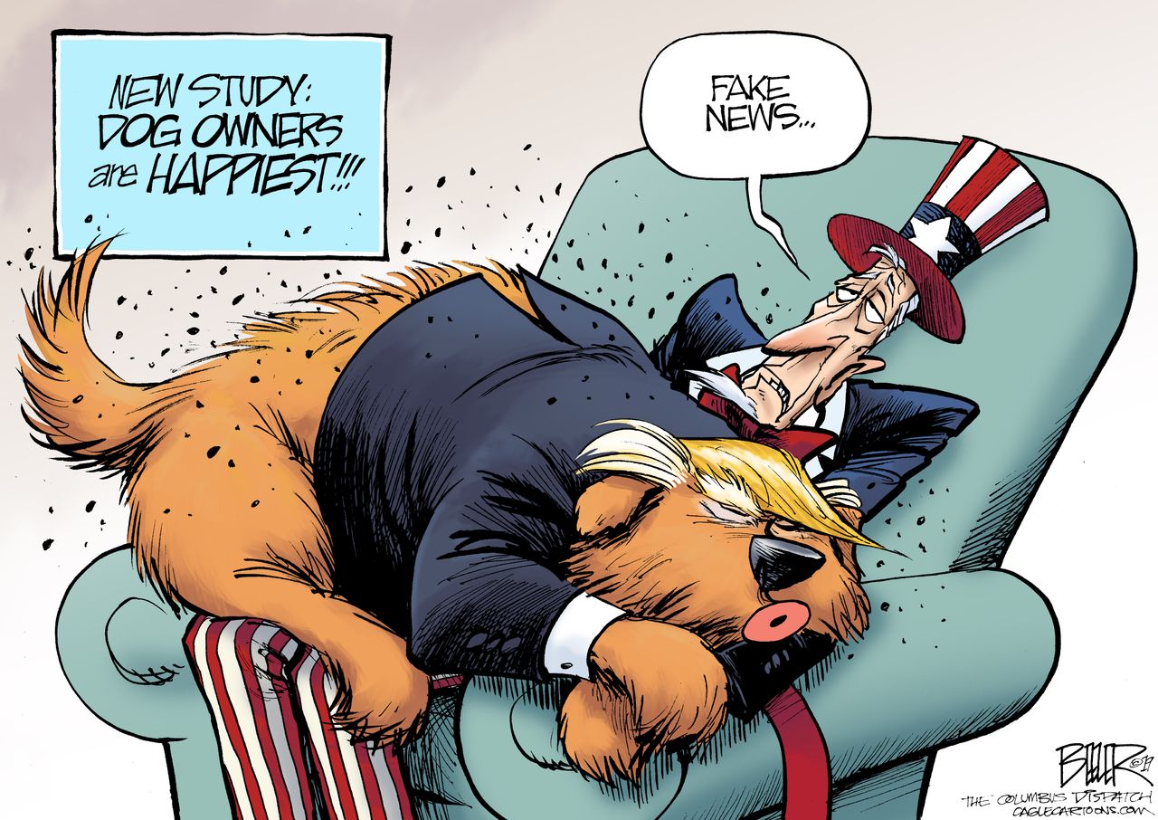 Political Cartoon U.S. Trump happy dog owners study