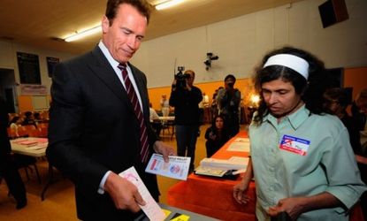 The Republican "governator," seen here voting on Tuesday, did not endorse either candidate in the race for his seat.