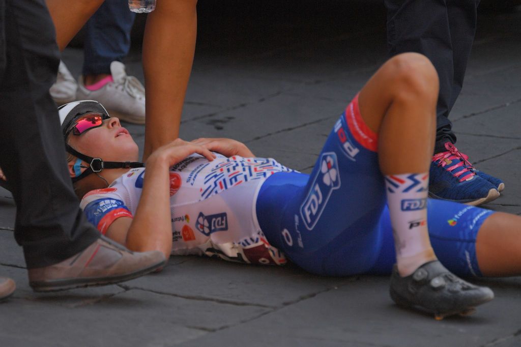 SIENA ITALY AUGUST 01 Arrival Cecilie Uttrup Ludwig of Denmark and Team FDJ NouvelleAquitaine Futuroscope during the Eroica 6th Strade Bianche 2020 Women Elite a 136km race from Siena to Siena Piazza del Campo StradeBianche on August 01 2020 in Siena Italy Photo by Luc ClaessenGetty Images