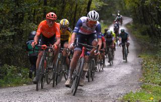 CCC Team’s Matteo Trentin (left) and Mads Pedersen (Trek-Segafredo) lead at the 2020 Gent-Wevelgem