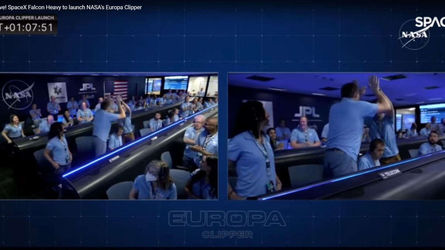 L'équipe Europa Clipper de la NASA célèbre avec des high fives au centre des opérations aériennes