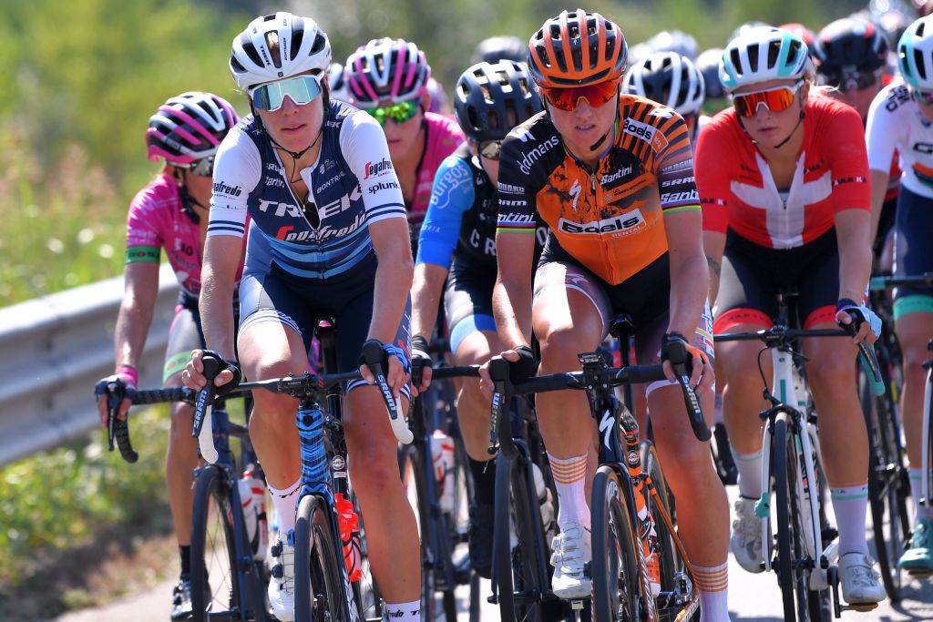 ASSISI ITALY SEPTEMBER 13 Ellen Van Dijk of The Netherlands and Team Trek Segafredo Amy Pieters of The Netherlands and Boels Dolmans Cycling Team during the 31st Giro dItalia Internazionale Femminile 2020 Stage 3 a 1422km stage from Santa Fiora to Assisi 413m GiroRosaIccrea GiroRosa on September 13 2020 in Assisi Italy Photo by Luc ClaessenGetty Images
