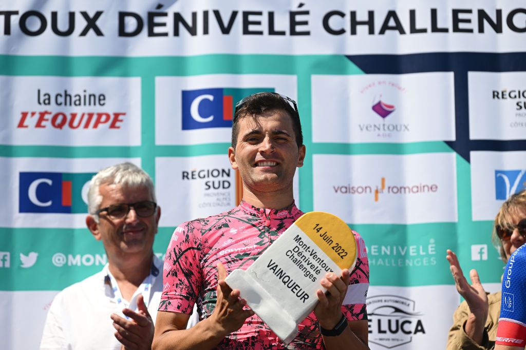 MONT VENTOUX FRANCE JUNE 14 Ruben Guerreiro of Portugal and Team EF Education Easypost celebrates at podium as race winner during the 4th Mont Ventoux Denivele Challenge 2022 a 153km one day race from VaisonlaRomaine to Mont Ventoux 1893m MVDC on June 14 2022 in Mont Ventoux France Photo by Dario BelingheriGetty Images
