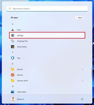 All apps menu with Settings