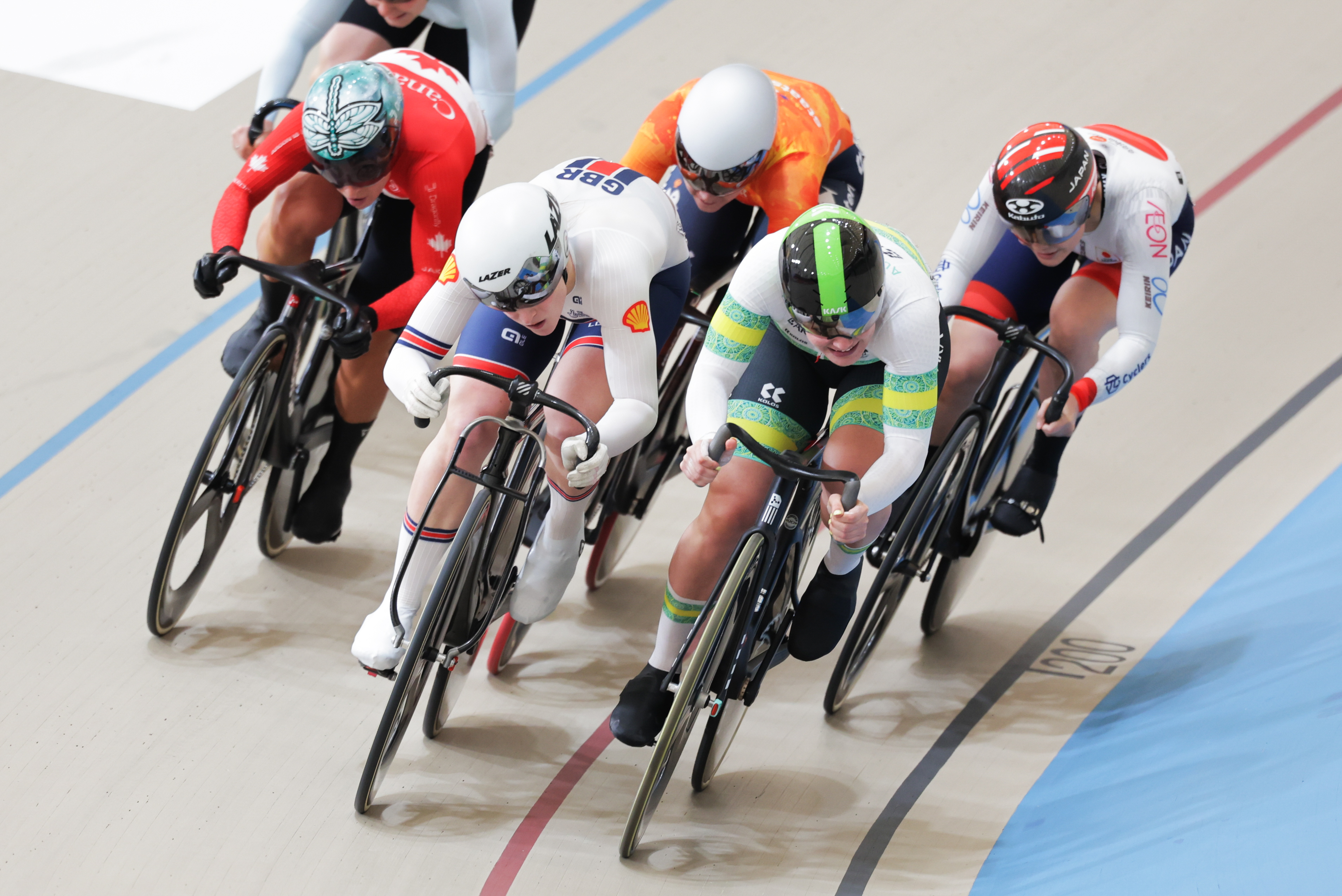 Female riders competing in the keirin at the 2025 UCI Track World Championships