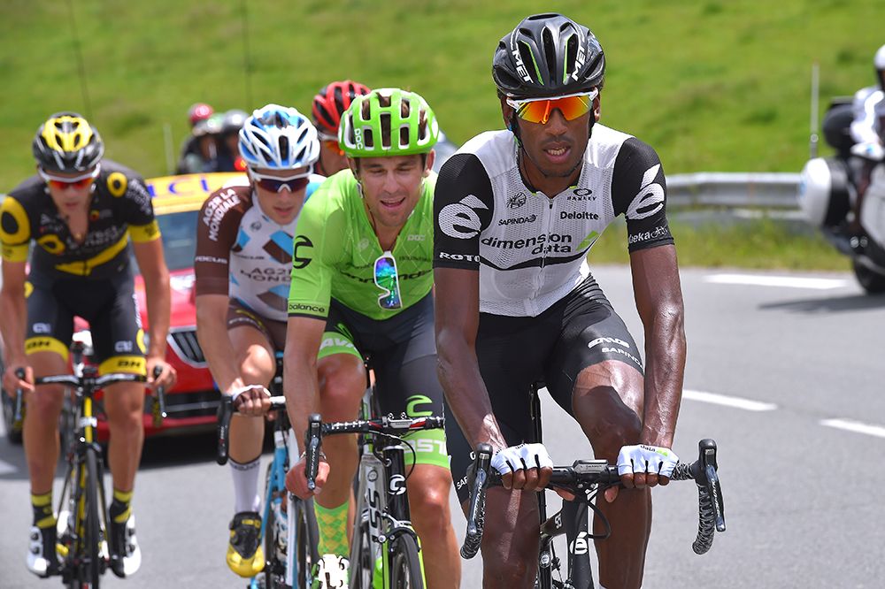 Daniel Teklehaimanot in the breakaway on stage 2 of the Criterium du Dauphine