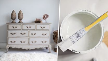 A distressed white dresser / a tin of open white paint with a paintbrush resting on top