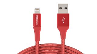 AmazonBasics DoubleBraided Nylon USB-A to Lightning Cable, one of the best charging cables, against a white background