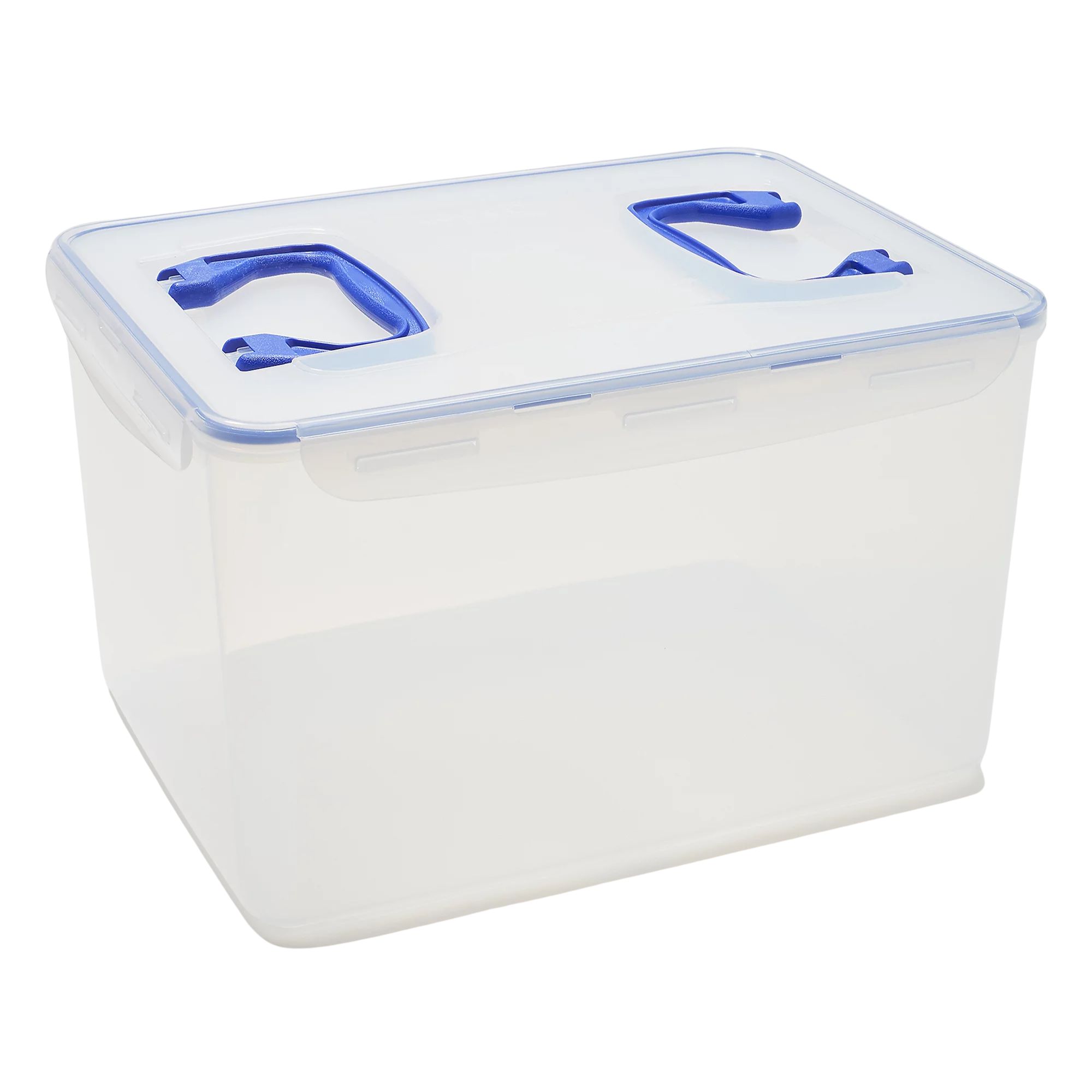Clear plastic storage bin with blue handles