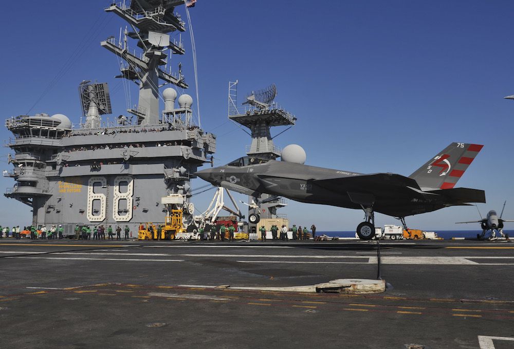 The F-35C Lightening II aboard the aircraft carrier USS Nimitz.