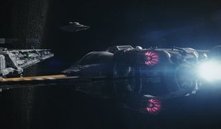 X-wing flying at Dreadnought in The Last Jedi