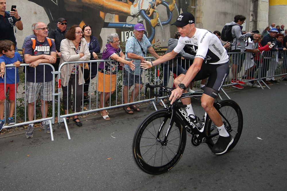 Chris Froome (Team Sky) rides to the stage during the team presentation for the 2018 Tour de France